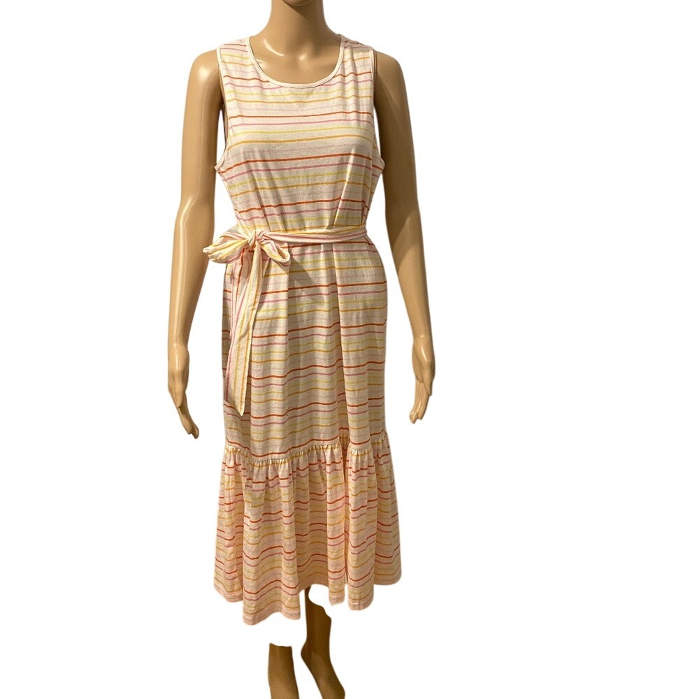 Striped Midi Dress Sleeveless Tie Waist Casual Summer Sundress